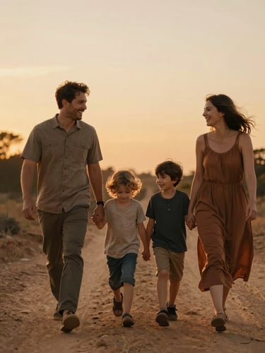 Candid medium shot of a family walking together on a dusty trail at sunset, laughing, backlit by warm golden-hour light, cinematic depth of field.