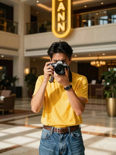 Vibrant portrait of a stylish individual, mid-shot, holding a camera, against a backdrop of a high-end Bangkok hotel lobby, rich natural indoor light, shallow depth of field, high-contrast.