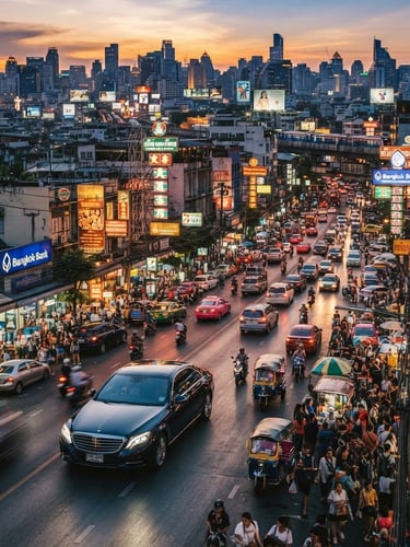 Wide panoramic shot of a bustling Bangkok street at golden hour, neon signs beginning to glow, a sleek luxury car passing by, viewed from a high vantage point, rich editorial photography, high-contrast, saturated warm tones.