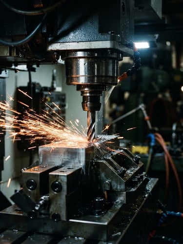 Industrial workshop photography, high-contrast dramatic lighting, cool metallic tones, sharp macro focus on a 5-axis CNC milling machine cutting raw steel, flying sparks, 35mm