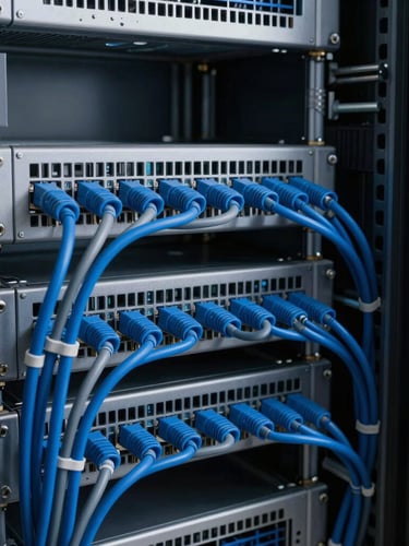 A close-up of a meticulously organized enterprise server rack, clean blue and graphite cables routed with technical precision, sharp focus, cool high-contrast studio lighting.