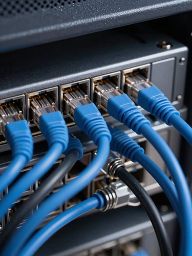 Macro shot of organized blue and black ethernet cables plugged into a sleek server rack, cool-toned high-contrast studio lighting, sharp focus, 50mm lens