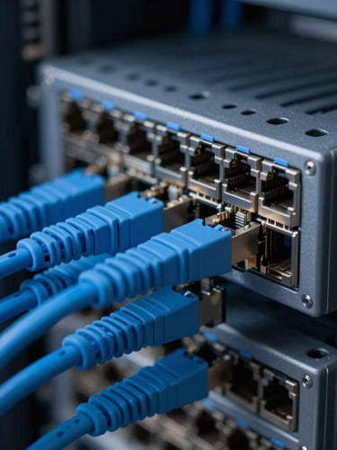 Macro photograph of clean enterprise server rack cabling, cool-toned high-contrast blue and graphite lighting, sharp focus on ethernet connections.