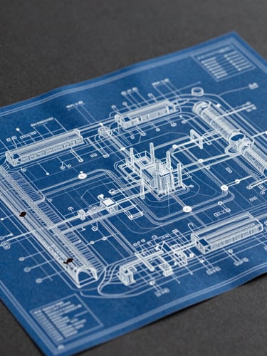 An overhead technical layout blueprint of an industrial facility network map, sharp lines, deep graphite background with power blue schematic overlays.