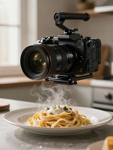 Close-up of a professional camera rig positioned over a steaming plate of handmade pasta, soft side-lighting from a window, rustic kitchen background.