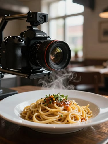 A close-up, low-lit shot of a camera rig positioned over a steaming plate of fresh hand-rolled pasta in a cozy Scandinavian-style restaurant kitchen, natural window light.
