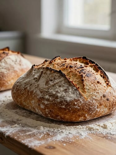 A close-up macro shot of fresh sourdough loaves resting on a flour-dusted wooden prep table, soft side-lighting from a window, rustic kitchen setting
