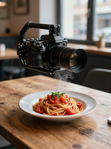 Close-up shot of a professional camera rig positioned over a steaming plate of heirloom tomato pasta on a rustic wooden table, natural window light casting soft shadows, cozy Scandinavian restaurant interior background.
