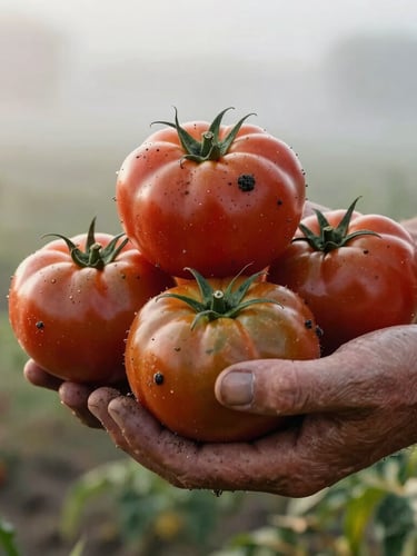 A close-up vertical shot of weathered hands holding freshly harvested heirloom tomatoes with soil clinging to them, soft morning light, misty farm field background.