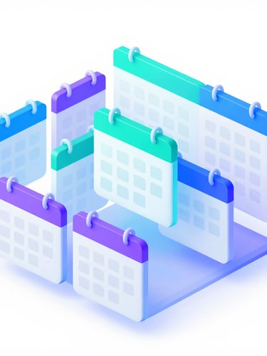 Isometric 3D render of a clean scheduling dashboard interface with floating calendar blocks, vibrant cyan and purple gradients, glassmorphism, neon backlighting, ultra-detailed