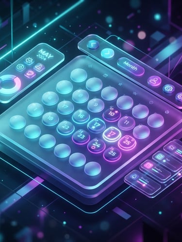 premium 3d render, vibrant neon backlighting, glassmorphism, clean isometric calendar interface, cyan and purple gradients, ultra-detailed