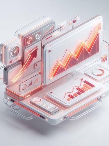 Isometric 3D render of a floating dashboard with upward-trending line charts, bright white background, crimson and orange accents, soft studio lighting