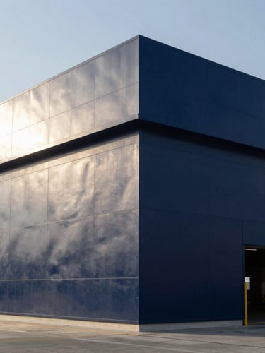 Crisp daylight shot of modern architectural shipping terminal in Doha, clean metallic surfaces, deep navy tones, sharp focus, 35mm.