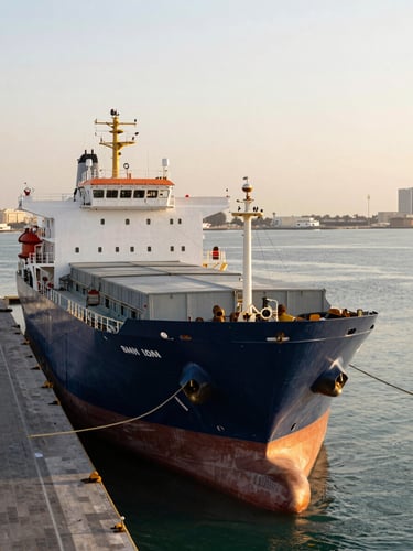 High-angle editorial corporate photography of Doha port at sunrise, cargo vessels, deep navy and gold tones, 35mm