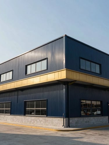 Wide-angle architectural shot of a modern industrial warehouse, high-contrast daylight, golden accents, sharp focus, 35mm
