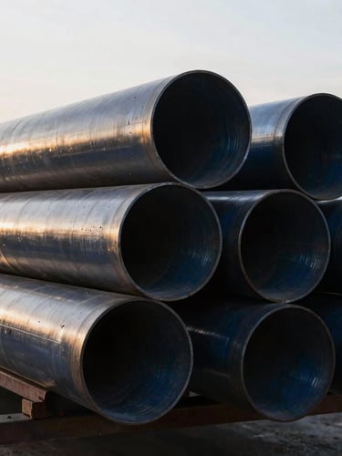 Crisp close-up of heavy industrial steel pipes stacked neatly in a warehouse, subtle golden-hour highlights reflecting off metallic surfaces, deep navy tones