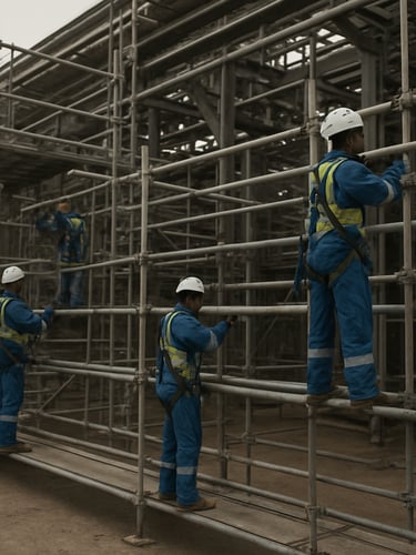 Wide environmental shot from the right edge, scaffolding assembly crew mid-process on an industrial Al Jubail petrochemical site, overcast cool daylight, workers in full PPE securing horizontal tubes at elevation, steel structure filling the frame background, natural site dust visible in the foreground