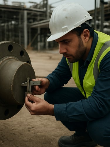 Tight environmental shot of a QC inspector crouching at eye level with a large flanged pipe fitting on an active Saudi industrial site, inspector's hands holding a calibrated measurement gauge against the weld seam, hard hat and high-visibility vest, overcast flat daylight from above, steel and dust in background, documentary realism