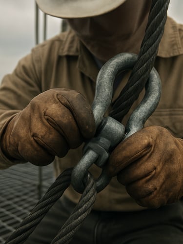 Tight frame on a rigger's gloved hands securing a heavy shackle to a load line on an active industrial platform, overcast Al Jubail daylight, steel grating underfoot, hard-hat visible at the top of frame