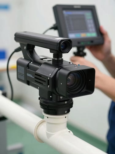 Close-up of a high-tech video inspection camera head entering a clean PVC pipe, professional technician hands holding a digital control monitor in the background, sharp daylighting.