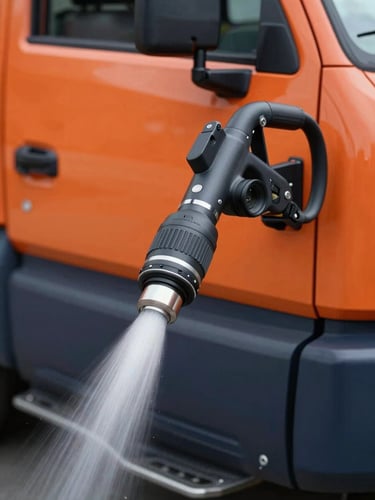 Close-up of a professional high-pressure hydrojetting nozzle on a clean service vehicle, bright direct lighting, industrial orange and navy details, ready for action.