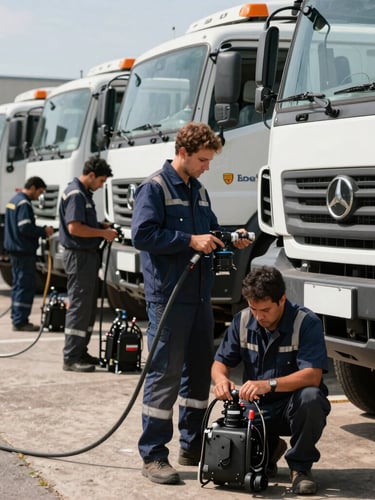 Frota de veículos utilitários de desentupimento alinhados sob luz do dia, com técnicos uniformizados em primeiro plano ajustando equipamentos de hidrojateamento.