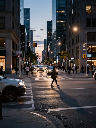 Wide-angle environmental shot of a busy Toronto intersection at dusk, dramatic street lighting, sharp urban shadows, high contrast.