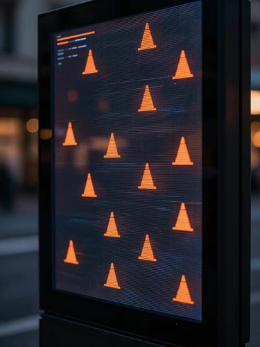 Tight macro crop of a glowing digital ad interface in a dark urban environment, sharp contrast, traffic-cone orange data points visible on screen.