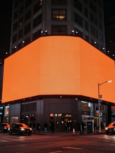 High-contrast wide-angle environmental shot of a massive digital billboard on a busy Manhattan street corner at night, sharp shadows, vibrant orange glow from headlights.
