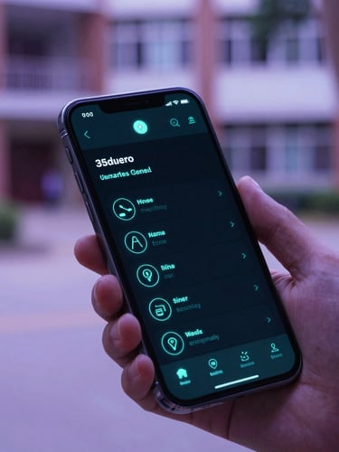 Close-up of a student holding a smartphone showing a clean dark-mode app interface with a neon teal glow, campus courtyard blurred in the background, shallow depth of field, 35mm