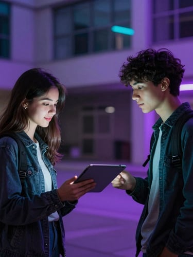 Tight dynamic shot of two college students meeting up on a neon-lit modern campus courtyard, exchanging a tablet, shallow depth of field, purple ambient glow.