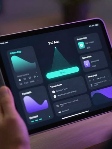 Close-up of a high-end tablet showing a clean dark-mode UI with teal and purple glowing accents, held by a young founder, shallow depth of field, 35mm
