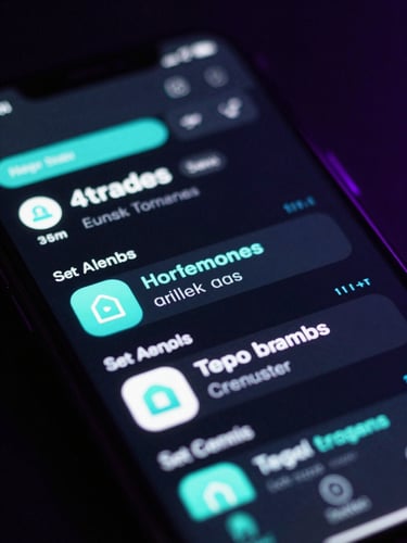 Tight macro shot of a smartphone device showing the 4trades help interface, neon teal and purple ambient lighting glowing on the screen, dark-mode UI photography, high-contrast tech aesthetic, shallow depth of field, 35mm.