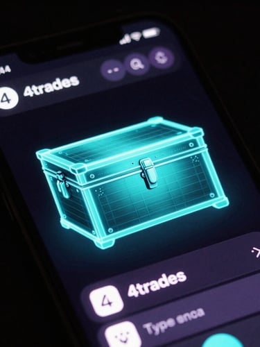 High-fidelity mobile app screenshot of the 4trades digital Chest interface on an iPhone, glowing neon teal and purple ambient reflections, dark tech aesthetic, 35mm photography
