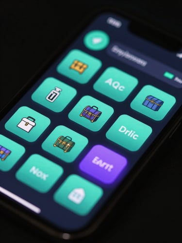A high-fidelity mobile app screenshot of a trading dashboard on a dark screen, glowing teal and purple buttons, showing a digital chest of items, high-contrast studio light, shallow depth of field, 35mm