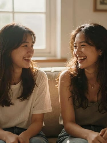 Candid environmental portrait of two diverse young women laughing naturally on a couch, warm golden-hour light, soft focus, 35mm