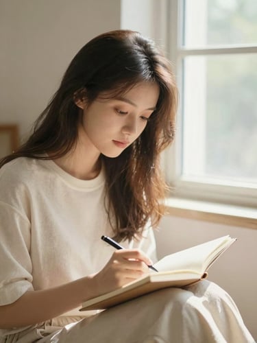Candid medium shot of a young woman sitting by a bright window, journaling thoughtfully, soft natural light, warm cream tones, 35mm