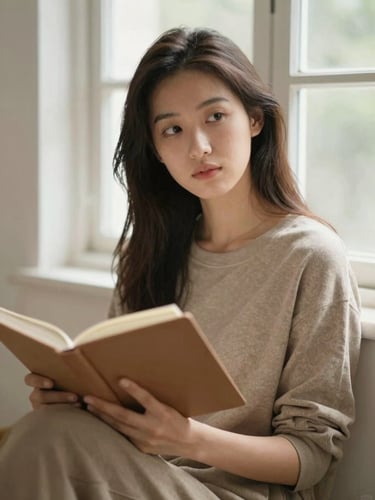 A thoughtful young woman sitting by a bright window, holding a journal, soft natural light, warm earthy tones, candid framing, shallow depth of field, 35mm