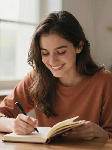 A young woman smiling naturally while writing in a journal, soft natural window light filtering through, warm terracotta tones, shallow depth of field, 35mm.