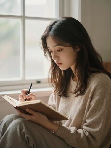 A thoughtful young woman sitting by a bright window, journaling in a quiet room, warm natural light, soft earthy tones, 35mm.