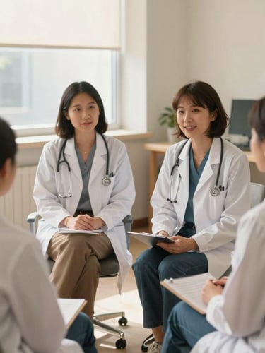 A warm, collaborative meeting of diverse female pediatricians and psychologists in a sunlit clinic office, soft natural light, shallow depth of field, 35mm.