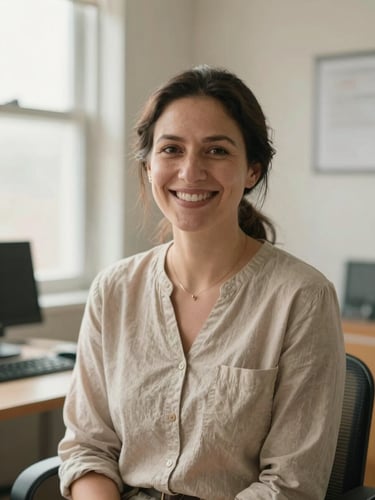 A warm, professional portrait of a female pediatrician smiling warmly in a sunlit office, wearing casual clothing, soft natural lighting, trustworthy and friendly, 35mm