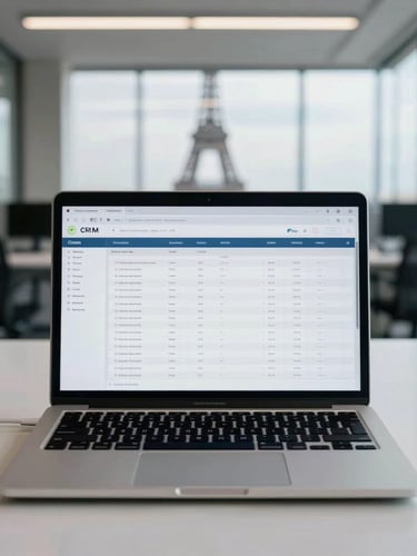 Straight-on clean view of a modern office desk in Paris, daylight-balanced cool lighting, a laptop displaying a structured CRM software interface with clear slate-grey data tables, no people.