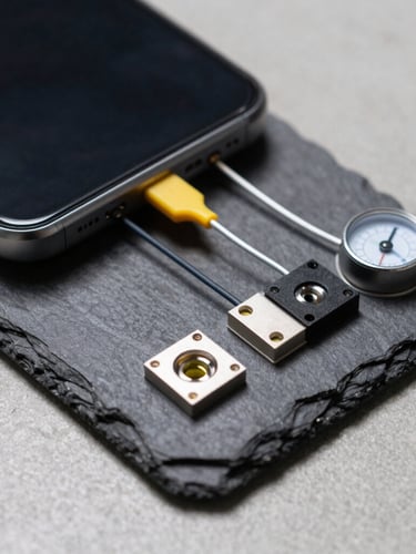 Close-up macro de um smartphone em um suporte de laboratório, com fios finos conectados a sensores de temperatura e um medidor de energia, sob iluminação técnica de estúdio, superfície cinza-concreto.