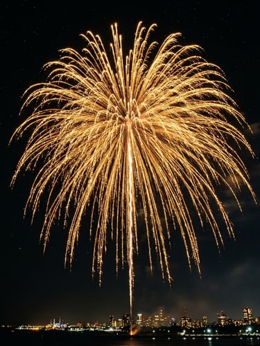 Vibrant night photography of a gold willow firework burst in a sharp dark sky, long exposure, sharp focus, 35mm