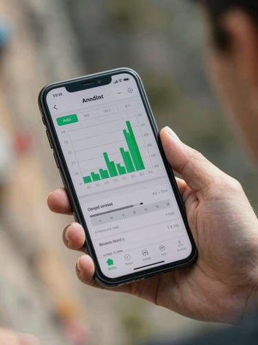 Over-the-shoulder shot of a modern smartphone displaying a climbing analytics chart with green conversion ticks, bright natural daylight