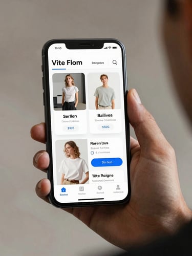 Over-the-shoulder view of a modern mobile e-commerce website interface on a phone screen, bright studio lighting, clean UI elements.