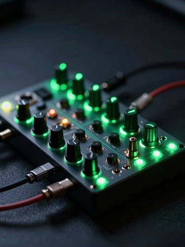 Macro shot of a modular synthesizer with glowing green LED lights and patched audio cables in a dark studio