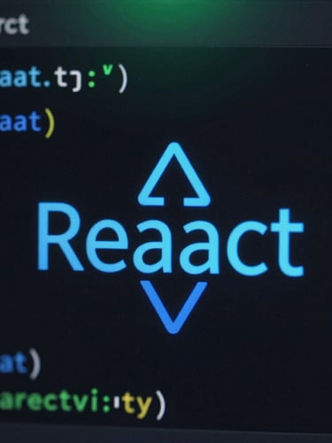 Macro close-up of a dark mode code editor displaying clean React code, electric blue syntax highlighting, soft cyber green glow in the background, sharp geometric composition.