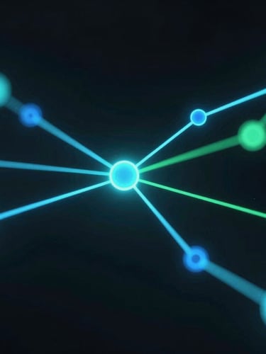 Macro close-up of abstract glowing digital nodes representing AI data flows, neon blue and cyber green light, dark background.